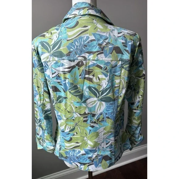 St John Sport Pant Suit Leaf Print Denim Jacket Set Size 16 Vintage - Picture 3 of 10